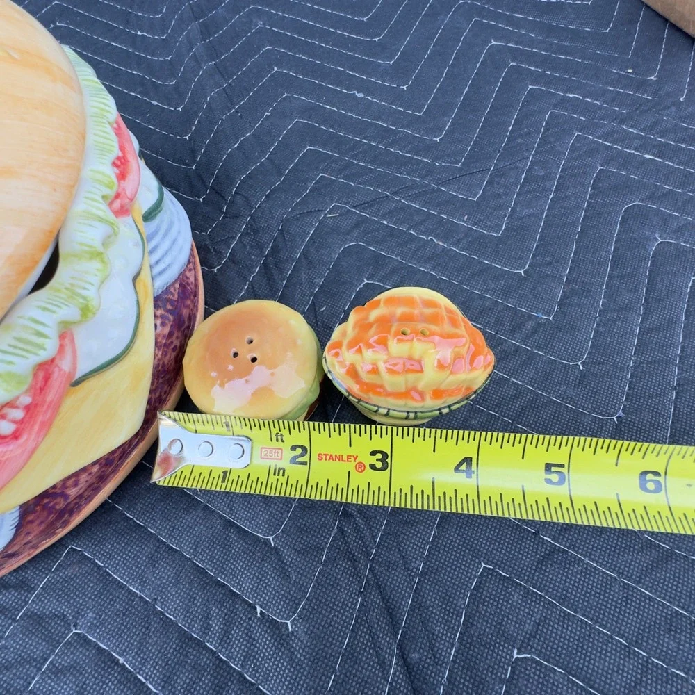 Vintage Ceramic Hamburger Divided Serving Dish with Fry & Burger Shakers Set